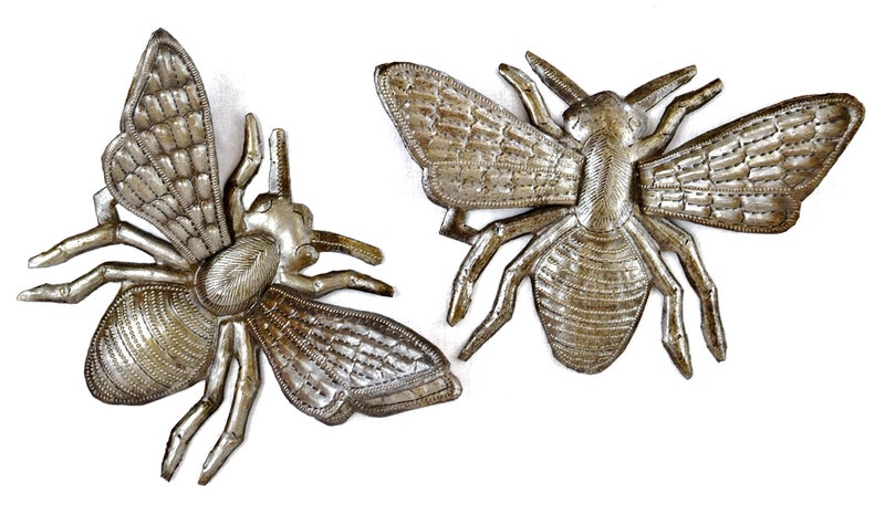 It's Cactus Buzzing Around Bumble Bee, Set of 2, Metal Bugs Wall Art, Decorative Garden Insects Home Decor, Recycled Haitian Art (Bees) - Image 1